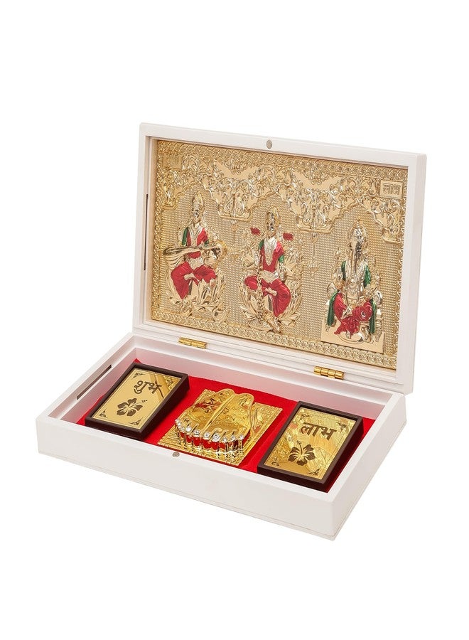 Divine Hindu Brass Laxmi, Ganesh & Saraswati Charan Paduka | Gold Finish | Holy Showpiece | Prosperity, Wisdom, Peace, Blessings | for Home,Temple & Office Use - Image 1
